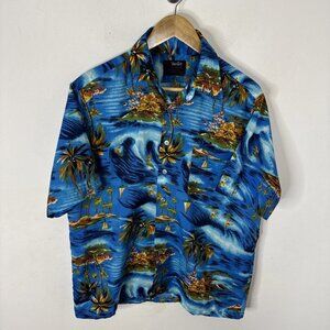 VTG Van Cort Hawaiian Shirt M 15-15.5 Blue Tropical Surf Boat Print Korea 70s